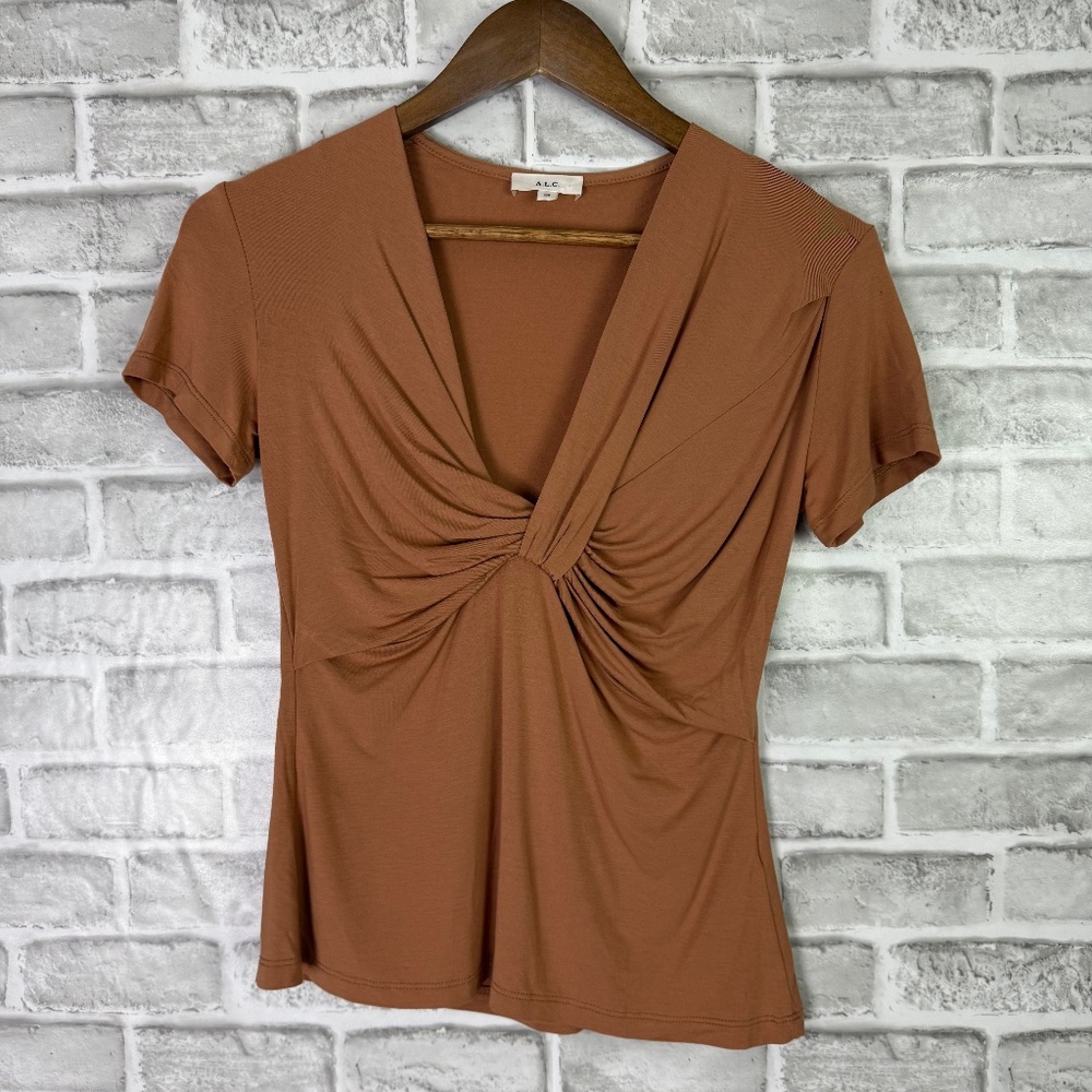 A.L.C Neutral Beige Hellen V-Neck Tie Front Short Sleeve Top Womens XS